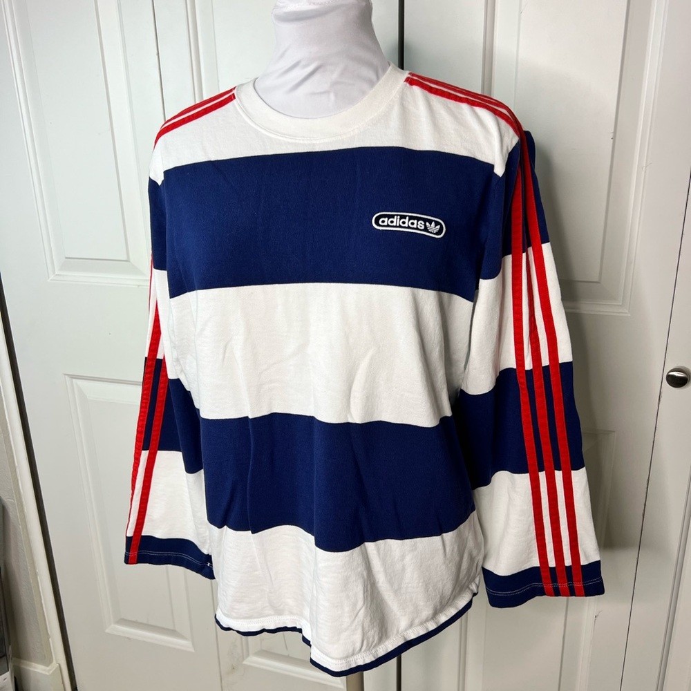 Adidas Originals Navy and White Striped Long Sleeve with Red Accents size M